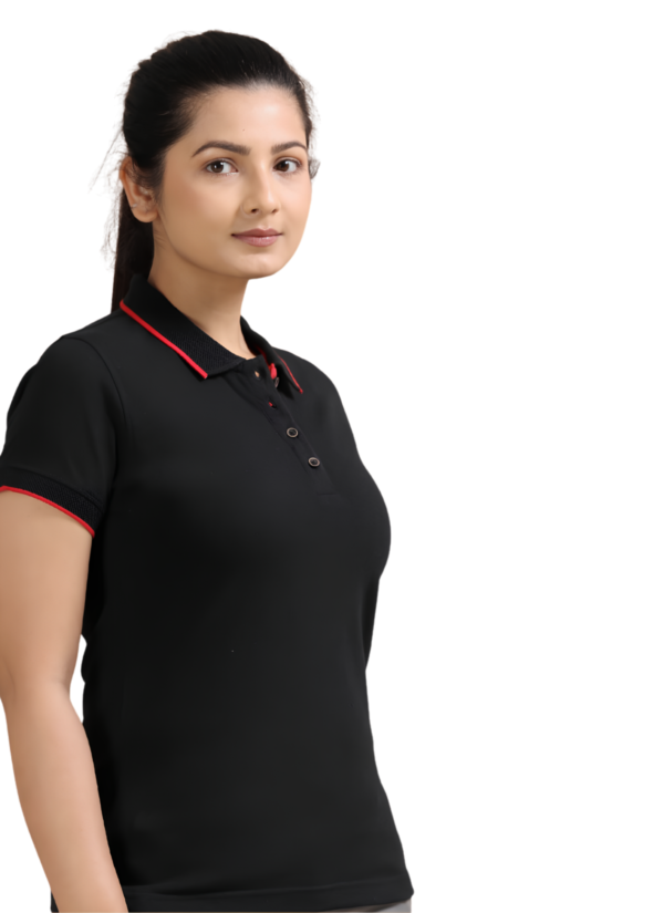 Women's Sustainable Recycled Polo T-Shirt | Jacquard Collar & Cuffs - Classic Black - Red Tipping, XL