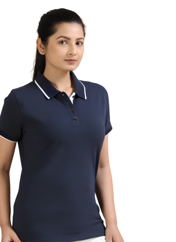 Women's Sustainable Recycled Polo T-Shirt | Jacquard Collar & Cuffs - Midnight Navy, XS