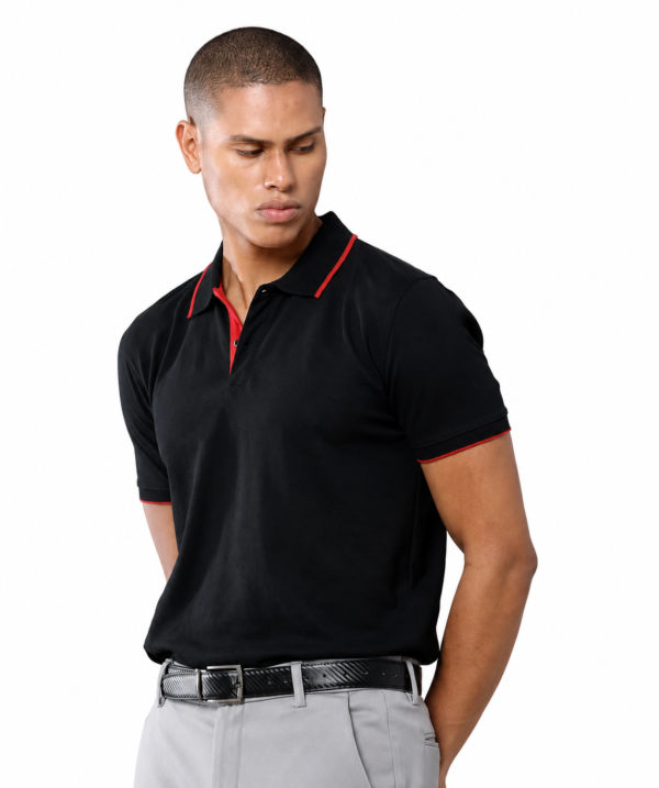Sustainable Jacquard Polo T-Shirt for Men |Premium Jacquard Collar - Classic Black - Red Tipping, S